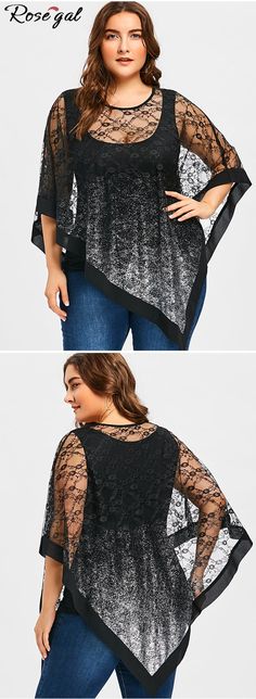 Up to 70% off.Free shipping worldwide.Plus Size See Thru Asymmetrical Lace Overlay Blouse . #plussize #blouses #womensfashion #rosegal Clothes For Women Plus Size, Chiffon White Dress, Overlay Blouse, Cheap Maxi Dresses, House Dresses, Mode Chic, Trendy Plus Size Clothing, Moda Plus Size, Plus Size Fashion For Women