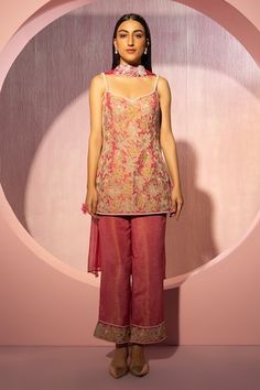 Pink tissue padded kurta with zari thread embroidery in floral pattern. Paired with border embroidered pant and dupatta. - Aza Fashions Sleeveless Traditional Wear With Chikankari Embroidery For Reception, Traditional Sleeveless Salwar Kameez With Floral Embroidery, Embroidered Silk Sleeveless Traditional Wear, Sleeveless Embroidered Silk Traditional Wear, Sleeveless Chanderi Salwar Kameez With Resham Embroidery, Sleeveless Embroidered Raw Silk Traditional Wear, Women Kurta, Embroidered Pants, Straight Kurta