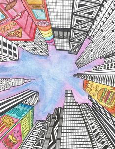 a drawing of some buildings in the sky