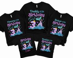 three matching birthday shirts with mermaids on them