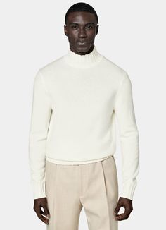 A luxurious standout that adds warmth, volume, and flair to anything you pair it with, this soft knitted layer features tapered edges and a thickly ribbed mock neck collar. White High Neck Sweater, White Mock Neck, Polo Cardigan, White Crewneck, White Turtleneck, White Polo, Long Sleeve Polo Shirt, Style Expert, Long Sleeve Polo