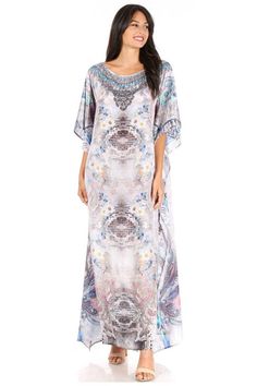 This lovely kaftan dress features a boat-neck and generous sleeve openings. Also, nicely placed rhinestones around the neckline. This garment is perfect for all body shapes, made with lightweight soft opaque crepe fabric and colorful print. Floral Print Flowy Maxi Cover-up, Printed Floor-length Maxi Dress For Festivals, Printed Tunic Maxi Dress For Festivals, Festival Tunic Maxi Dress Printed, Spring Floral Print Floor-length Kaftan, Multicolor Digital Print Maxi Dress, Multicolor Floor-length Dress With Digital Print, Festival Free Size Floral Print Maxi Dress, Festival Floral Print Maxi Dress In Free Size