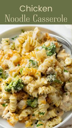 chicken noodle casserole with broccoli and cheese in a white bowl