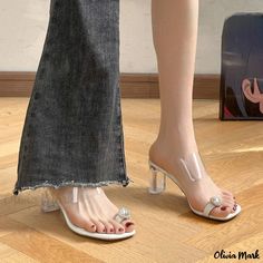 Olivia Mark - Transparent Bottom High Heel Sandals with Skirt, Perfect for Beach and Outdoor Wear Sandals With Skirt, Heels Slippers, Square Heels, Crystal Heels, Floral Heels, Soft Slippers, Heel Slippers, Stiletto Sandals, Thick Heels