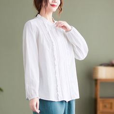 French White Stand Collar Button Ruffled Blouses Long SleeveFabric: Cotton BlendedSize & Fit: Fit: This garment fits true to size.Length: Size L measures 24.57"from shoulder to hemBust: Great for any cup size. Waist: Loose Fit. Comfortable room throughout midsection.Hip: Loose Fit - room for hips. Hand Wash Cold. Blouses Long Sleeve, Ruffle Long Sleeve Blouse, Comfortable Room, Cup Size, Long Blouse, Stand Collar, Tunic Tops, Ruffle Blouse, Loose Fitting