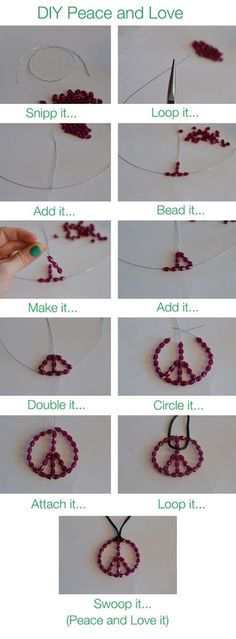 instructions to make beaded peace and love necklaces with beads in the shape of hearts