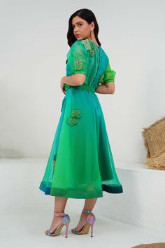 Verdant green ombre-dyed silk organza dress with 3D coral applique embroidery and balloon sleeves. - Aza Fashions Green Organza Dress For Spring, Spring Green Organza Dress, Green Organza Dress For Garden Party, Green Organza Summer Dress, Green Silk Chiffon Dress For Spring, Summer Embroidered Organza Dress For Party, Green Silk Midi Dress For Spring, Summer Party Embroidered Organza Dress, Green Midi-length Silk Dress For Spring