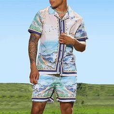 Category:Shirt; Season:Spring,Summer; Fabric:Polyester; Sleeve Length:Short Sleeve; Look After Me:Washable,Wet and Dry Cleaning; Gender:Men's; Style:Designer,Tropical,Fashion,Hawaiian,Comfortable; Elasticity:Micro-elastic; Tops Type:Shirt Set,Summer Hawaiian Shirt,Shirt and Short Sets; Occasion:Beach,Holiday,Casual; Age Group:Adults'; Fit Type:Regular Fit; Pattern:Butterfly,Leaves; Design:Print; Neckline:Cuban Collar; Brand:OUKU; Pants Type:Shorts; Front page:FF; Listing Date:02/03/2023; Bust:; Summer Fashion Men, Mens Short Sleeve Shirts, Shirts And Shorts, Tropical Fashion, Outfits Vintage, Hawaiian Vacation, Hawaiian Beach, Beach Outfits, Color Crush