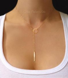 Dainty Lightweight Bar Lariat Y Necklace - Perfect alone or for layering with other necklaces! Vertical bar is either 14K gold fill, sterling silver, or rose gold Bar measures approx 26mm long  Small circle link is gold vermeil or sterling silver and measures 11mm Shimmery 14k gold filled or sterling silver chain  Tota Rose Gold Lariat Necklace, Gold Lariat Necklace, Diamond Choker Necklace, Vertical Bar Necklace, Vertical Bar, Bridesmaid Gifts Jewelry, Lariat Necklace, Minimalist Necklace, Rose Gold Necklace