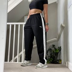 Vintage Puma softshell straight leg tracksuit bottom tracks-pants black with white piping on the side Size L but sizing is flexible and  can be unisex Full length 40"  Seen on a size 10uk, 5'4"  elasticated and drawcord waist, good condition - check 4th pic, DM for more info. #joggers #sportswear #tracksuitbottoms #baggypants #streetwear ------------------------------------------------------------- PLEASE READ: Overall GOOD vintage condition but please be aware that all vintage items will usuall Vintage Puma, Baggy Streetwear, Intj, Tracksuit Bottoms, Pants Black, Track Pants, Black Pants, Jogging, Favorite Outfit