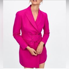 Zara Nwt Hot Pink Blazer Button Up + Belt Medium Pit To Pit 18" Length 32" - Barbiecore - Blogger Favorite - Business Casual - Legally Blonde - Professional - Bright - City - Travel Hot Pink Blazer, Blazer With Belt, Pink Jacket Blazer, Hot Pink Blazers, Purple Suits, Graduation Outfits, Belted Blazer, Woman Suit Fashion, Zara Fashion