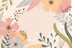 an abstract floral background with pink, yellow and green flowers on a light peach background