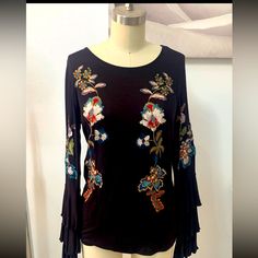 Inc Black Multi Floral Snake Embroidered Cotton, Long Sleeve Embroidered With Flounces Size Medium Petite Floral Snake, Peach Shorts, Royal Blue Blouse, Sheer Floral Blouse, Party Blouse, Mesh Long Sleeve Top, Floral Embroidered Top, Silky Blouse, Lace Top Long Sleeve