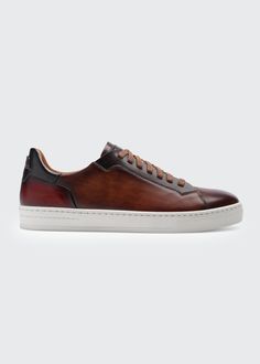 Magnanni Men's Burnished Leather Low-Top Sneakers - Bergdorf Goodman Luxury Sneakers With Leather Sole And Plain Toe, Luxury Wingtip Calf Leather Sneakers, Classic Brown Sneakers With Abzorb Midsole, Brown Calf Leather Plain Toe Sneakers, Business Cap Toe Sneakers With Leather Sole, Brown Calf Leather Sneakers With Leather Sole, Business Sneakers In Calf Leather With Plain Toe, Calf Leather Wingtip Sneakers With Rubber Sole, Classic Low-top Sneakers With Leather Lining