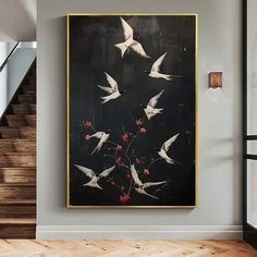 there is a painting on the wall with birds flying around it and flowers in the foreground