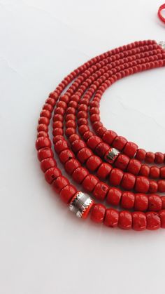 Red Coral Beaded Necklaces With Spacer Beads, Red Coral Beaded Necklaces With Large Beads, Artisan Red Spacer Beads, Artisan Red Coral Beaded Necklace With Polished Beads, Red Coral Polished Beads For Jewelry Making, Red Coral Spacer Beads, Round Shape, Red Coral Spacer Beads, Artisan Red Necklaces With Spacer Beads, Red Coral Round Spacer Beads