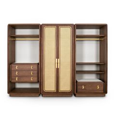 an open bookcase with drawers and shelves on each side, one door opened to the other