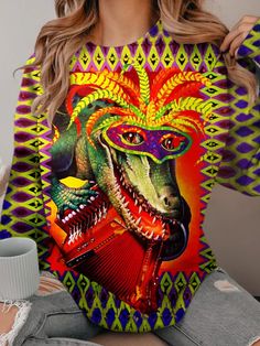 Mardi Gras Crocodile Long Sleeve Top – Wonder closets Multicolor Stretch Long Sleeve Blouse, Winter Party Multicolor Tops, Multicolor Long Sleeve Festival Blouse, Multicolor Long Sleeve Blouse For Festival, Patterned Long Sleeve Blouse For Festivals, Festival Fitted Long Sleeve Top, Fitted Long Sleeve Tops For Festival, Multicolor Long Sleeve Festival Top, Multicolor Long Sleeve Top For Festivals