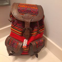 This Backpack Is High Quality With Real Leather And Wool Fabric, All Hand Made, Tge Color Are Stunning And The Size Is Perfect (See Measurements In Pics) Any Questions Or More Pics Needed Please Feel Free To Ask. Please Take A Look At My Other Listings. Thank You Red Travel Bags With Leather Trim, Red Bags With Leather Trim For Travel, Red Shoulder Bag With Leather Trim For Travel, Large Capacity Red Leather Backpack For Everyday Use, Red Leather Backpack For Everyday Use With Large Capacity, Red Crossbody Travel Backpack, Red Crossbody Backpack For Travel, Casual Travel Satchel With Leather Backing, Vintage Backpack For Travel