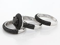 4.40ctw 8mm and 1.1mm round black spinel rhodium over sterling silver stackable 3 ring  set. Bands measure approximately 1/8"W X 1/8"W Center ring measures approximately 9/16"L x 1/8"W. Three rings stacked measure approximately 9/16"L x 5/16"W.  Not sizable.  Black rhodium. Black Round Brilliant Cut Jewelry, Fine Jewelry Stackable Black Diamond Rings, Black Sterling Silver Stackable Jewelry, Stackable Black Sterling Silver Jewelry, Fine Jewelry Black Stackable Jewelry, Black Stackable Fine Jewelry, Black Round Band Fine Jewelry, Black Stackable Round Cut Rings, Black Round Cut Cubic Zirconia Jewelry