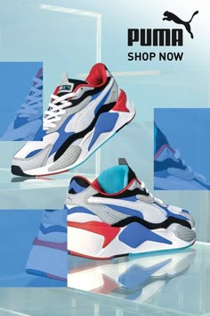 the puma sneakers are on display in front of blue and white background with an advertisement for