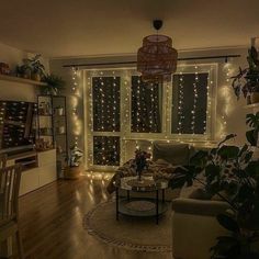 a living room filled with furniture and lots of lights on the windows sills