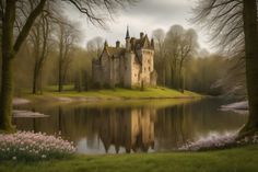 a castle sitting on top of a lush green field next to a lake in front of trees