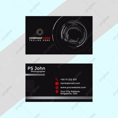 a black and white business card with a circular design on the front, and an image of