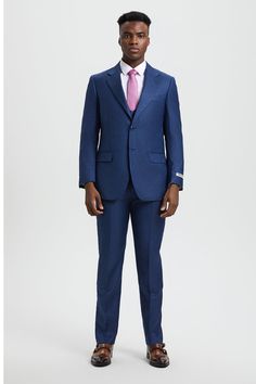 This two button suit from Stacy Adams features a matching double breasted vest, side vents, flat front pants, and a hybrid fit suit (Sizes 34-44 = Slim Fit / Sizes 46+ = Modern Fit). Sharkskin Suit, Double Breasted Vest, Cheap Suits, Vest Designs, Flat Front Pants, Tuxedo Shirts, Fitted Suit, Suit Style, Dress Hats