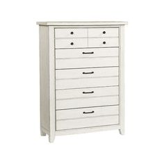 a white dresser with five drawers on it