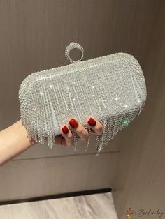 BirdinBag - Stylish Rhinestone and Fringe Mini Evening Bag: Ideal for Weddings, Proms, and Parties Formal Handheld Crystal Bag, Silver Crystal Bag For Prom, Formal Crystal Handheld Bag, Crystal Handheld Evening Bag, Crystal Rhinestone Wedding Bags, Silver Bags With Rhinestone Fringe For Formal Occasions, Wedding Clutch With Bling, Formal Silver Bag With Rhinestone Fringe, Silver Rhinestone Fringe Bag For Formal Occasions