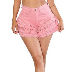 Pink Denim Ruffled Tiered Shorts. High Waisted Great Stretch. Vibrand Miu Is The Denim Vendor Used By Fashion Nova, Akira And Shein. $10 Is Final Price Same Day Shipping Brand New Never Worn Great Stretch High Waist Trendy Fitted Shorts With Ruffles, Trendy Fitted Ruffle Shorts, Trendy Fitted Ruffled Shorts, Chic Bottoms With Frayed Hem For Summer, Chic Summer Bottoms With Frayed Hem, Flirty Ruffled Shorts For Spring, Short Cotton Bottoms With Ruffles, Flirty Cotton Bottoms With Short Length, Flirty Cotton Shorts