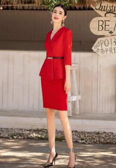 Elegant Red Three Quarter Sleeves Pantsuits and Skirt suits Description: Peak lapels; front button blazer V-Neck, Long sleeves; button cuffs. Structured shoulders. Polyester 100% Imported Brand - Aision Model Number - CP1341 Washing Care: Dry Clean Red Skirt Suit, Red Business Outfit, Women Pant Suits, Aw 23, Womens Skirt Suits, Mid Size Fashion, Gowns Dresses Elegant, Skirt Suits