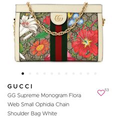 This Is An Authentic Gucci Gg Supreme Monogram Flora Web Small Ophidia Chain Shoulder Bag In White. This Chic Shoulder Bag Is Finely Crafted Of Gucci Gg Supreme Monogram Floral Coated Canvas With A Web Stripe Detail And White Leather Trim. The Bag Features A Polished Gold Chain Strap, Gg Logo, And Hardware. The Magnetic Top Opens To A Partitioned Beige Interior With A Patch Pocket. Purse Gucci, Beige Interior, Chain Purse, Gg Logo, Gucci Handbags, Chain Shoulder Bag, White Bag, Chain Strap, Gucci Bag