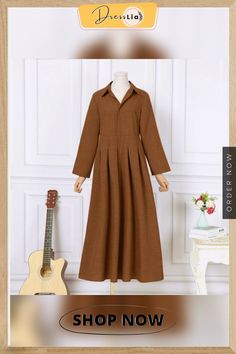 Women Belt Pleated Plain Long Maxi Dress Loose Long Big Swing Dress Plus Size Brown Long Sleeve Shirt Dress For Work, Casual Long Sleeve Pleated Maxi Dress, Brown V-neck Maxi Dress For Work, Fall Shift Midi Length Shirt Dress, Fall Midi Dress With Placket, Casual Brown Collared Midi Dress, Fall Pleated Maxi Dress For Daywear, Collared Brown Dress For Work, Brown Collared Dress For Work