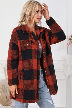 This delicate coat is an essential item for your winter wardrobe Classic plaid pattern and fuzzy fabric look cute and versatile Flap pockets add a sense of design to the coat Style with skinny pants, leggings, or jeans for most occasions Stay warm and stylish on cold days Size Chart (CM) Sizes Bust Shoulder Sleeve Length Length Hem Width Relax Relax Relax Relax Relax S 103 57 47 81 116 M 109 60 47.5 83 122 L 115 63 48 85 128 XL 123 67 48 87 136 Elasticity High Size Chart (INCH) Sizes Bust Should Flannel Outerwear With Buttons, Long Sleeve Flannel Outerwear With Buttons, Plaid Winter Outerwear With Buttoned Pockets, Cozy Plaid Long Sleeve Outerwear, Black Flannel Outerwear For Fall, Plaid Button-up Winter Outerwear, Trendy Flannel Winter Outerwear, Trendy Winter Flannel Outerwear, Winter Flannel Outerwear With Pockets