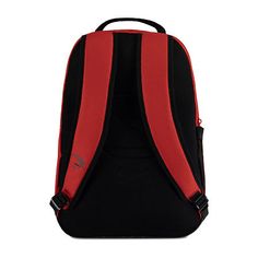 a red and black backpack on a white background