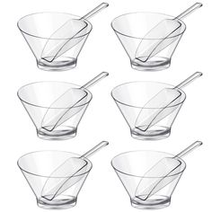 six glass bowls with spoons in them