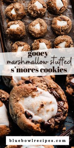 gooey marshmallow stuffed s'mores cookies on a baking sheet