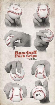 an old poster with baseballs and hands holding balls in different positions, including the ball