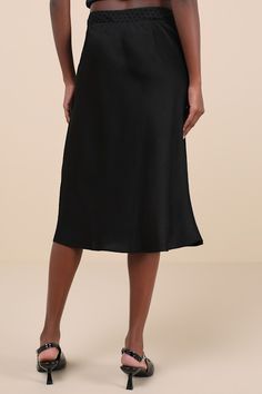 Start the day in the most chic of ways with the NIA Mira Black Satin Mesh Polka Dot Midi Skirt! Sleek brushed satin shapes this must-have skirt with a sheer, mesh waistband panel adorned with scalloped trim, a velvet bow, and a velvety polka dot design. The slip-like A-line silhouette falls to a midi hem that falls just below the knees. Fit: This garment fits true to size. Length: Mid-calf length. Size medium measures 30" from waist to hem. Waist: Fitted - stretchy fabric allows custom fit. Hip: Loosely Fitted. Fabric: Fabric has some stretch. Unlined. Shell: 100% Polyester. Contrast: 90% Polyester, 10% Spandex. Hand Wash Cold. Do Not Bleach. Line Dry. Iron In Low Heat If Necessary. Do Not Dry Clean. Imported. Lulus | Mira Black Satin Mesh Polka Dot Midi Skirt | Size Medium | 100% Polyeste Chic Silk Pencil Skirt For Night Out, Chic Silk Knee-length Bottoms, Silk Knee-length Skirt For Night Out, Chic Knee-length Silk Bottoms, Satin Midi Skirt For Date Night, Elegant Knee-length Bottoms For Date Night, Sleek Satin Lined Skirt Bottoms, Chic Satin Midi Skirt, Black Midi Skirt Versatile Bottoms