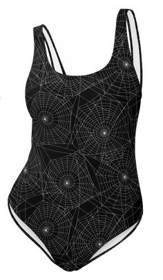 Weave dark summer style with Goth Cloth Co.'s Gothic Web One-Piece Swimsuit. Featuring a chilling black and white spider web pattern, this swimsuit offers gothic elegance and webbed allure, making it perfect for beach and poolside escapades. Key Features: Chlorine-resistant fabric: Made from 82% polyester and 18% spandex for durability. Cheeky fit: With a scoop neckline and low scoop back for a flattering look. Zig-zag stitching: For added style and longevity. Double-layer front: Providing suppo Black Swimwear For Halloween Costume Party, Black Halloween Party Swimwear, Rave Swimwear For Summer Costume Party, Black Swimwear For Summer Costume Party, Black Gothic Bodysuit For Costume Party, Gothic Black Bodysuit For Halloween, Black Gothic Bodysuit For Halloween, Black Rave Party Swimwear, Black Stretch Rave Swimwear