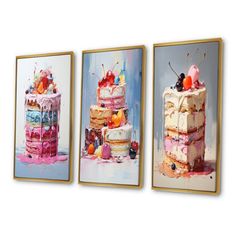 three paintings of cakes are hanging on the wall