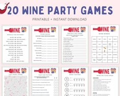 the wine party game is shown in red and blue with text that reads 20 wine party games printable instant