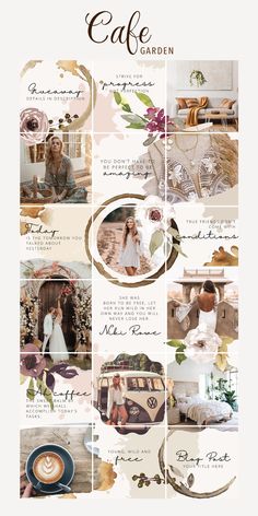 a collage of photos with the words cafe garden written in gold and white on it