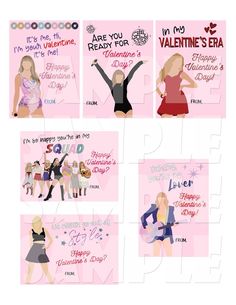 four different valentine's day cards with the same girl in pink and black outfits