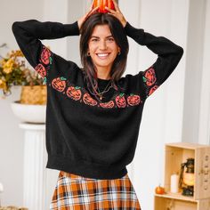 Feeling a little pumpkin spice vibes? Our Black Pumpkin Round Neck Long Sleeve Sweater is perfect for those days when you want to cozy up and show off your fall spirit. No basic sweaters here—just pure pumpkin fun. Whether you're looking for a cozy outfit to wear while handing out candy, attending a casual Halloween get-together, or just getting into the festive spirit, this swater is a perfect choice for Halloween. Product code: CAA06A4J181KA Cozy Black Fall Sweater, Black Knit Sweater For Fall, Trendy Black Halloween Sweater, Casual Halloween Knit Sweater, Drop Sleeve Sweater, Casual Halloween, Black Pumpkin, Basic Sweaters, Cozy Outfit