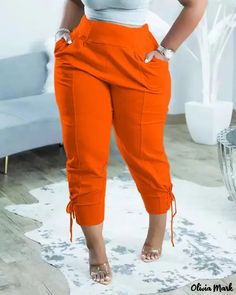 Color: orange, Size: M Summer Orange Pants With Pockets, Casual Orange Pants For Spring, Orange Stretch Pants For Workwear, Orange Ankle-length Pants With Pockets, Stretch Orange Pants For Workwear, Orange Ankle-length Pants For Work, Fitted Orange Ankle-length Pants, Orange Ankle-length Work Pants, High Waist Orange Bottoms For Spring