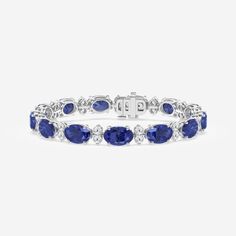 9.3x6.5 mm Oval Cut Created Sapphire and 2 1/3 ctw Round Lab Grown Diamond Fashion Bracelet - 7 Inches Platinum Diamond Chain, Beautiful House, Diamond Fashion, Oval Cut, Fashion Bracelets, Rhodium Plated, Chain Bracelet, Lab Grown, Lab Grown Diamonds