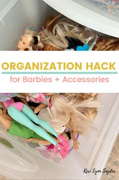 a plastic container filled with barbies and other toy items that are organized in it